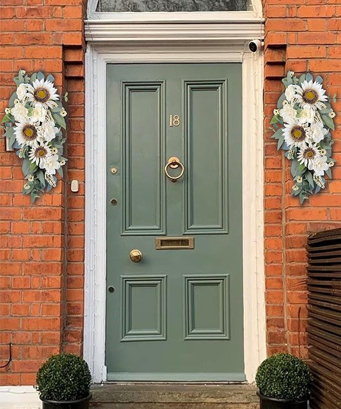 2-Pcs Spring Summer Floral Teardrop Swags - 28” Artificial Sunflower, Peony, Rose Teardrop Wreath for Door, Wall, Window - White Floral Arrangement for Home Decor