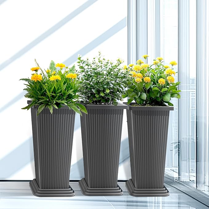 TUYOHW 24 Inch Tall Tapered Square Planters (Set of 2) - Indoor Outdoor Large Flower Pots with Built-in Drainage & Matching Water Tray for Patio, Garden, Home - Gray