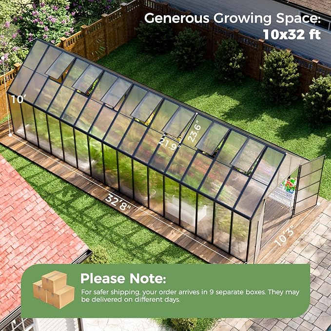 WACASA 32x10x10 FT Greenhouse for Outdoors, Easy Assembly Thickened Aluminum Polycarbonate Greenhouse Kit with 7 Vent Windows, Swing Door, Walk-in Sunroom for Patio and Backyard