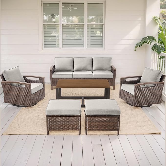 Rilyson Wicker Outdoor Patio Furniture Set - 6 Piece Patio Conversation Sets with Swivel Rocker Chairs, Sofa, Ottomans and Coffee Table, Thick Cushions, Waterproof Wicker, for Porch Deck Brown/Beige