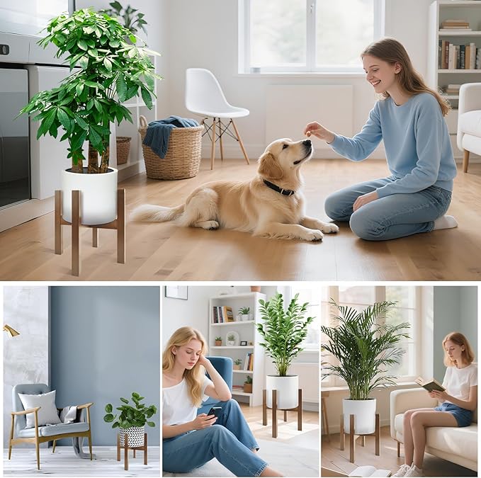 Natural Bamboo Plant Stand Indoor, Adjustable Plant Shelf Indoor Fits 8-12 Inch Pots, Mid Century Modern Decor to Refresh Your Space(Pot & Plant Not Included)