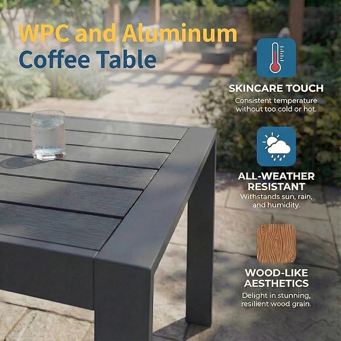 Wisteria Lane Aluminum Outdoor Patio Furniture Set, Modern Patio Conversation Sets, Outdoor Sectional Metal Sofa with 5 Inch Cushion and Coffee Table for Balcony, Garden, Black Frame & Gray Cushion