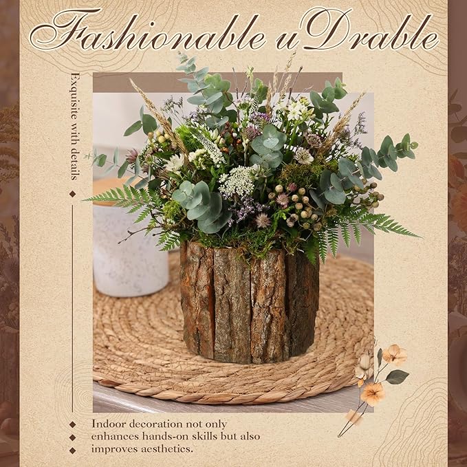 12 Set Wooden Vase for Centerpieces Wooden Flower Vase with Flower Mud Rustic Bark Stump Buckets Vintage Wood Planter Pots for Woodland Party Wedding Window Home Farmhouse Table Decor