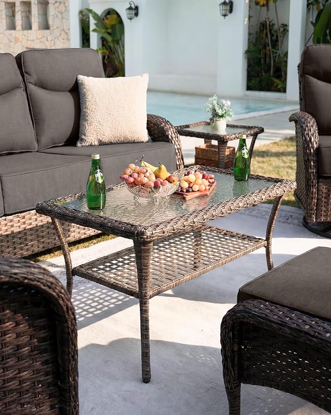 Belord Upgraded 6“ Cushion Luxury 5 Piece Patio Furniture Set - High Back Outdoor Furniture Set with Swivel Rocker Patio Chairs, All-Weather Wicker Conversation Set for Deck Porch Yard - Brown/Grey