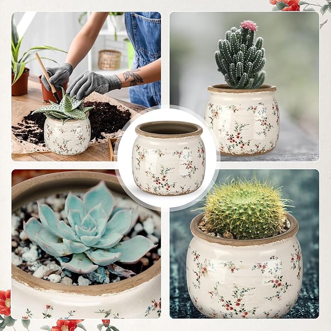 2 Pcs Vintage Planter Large Ceramic Plants Pot Beige Red Rustic Floral Ice Crack Cottage Scroll Vase Flower Pot Indoor Plants Home Kitchen Decor Farmhouse Antique Decorative Gifts