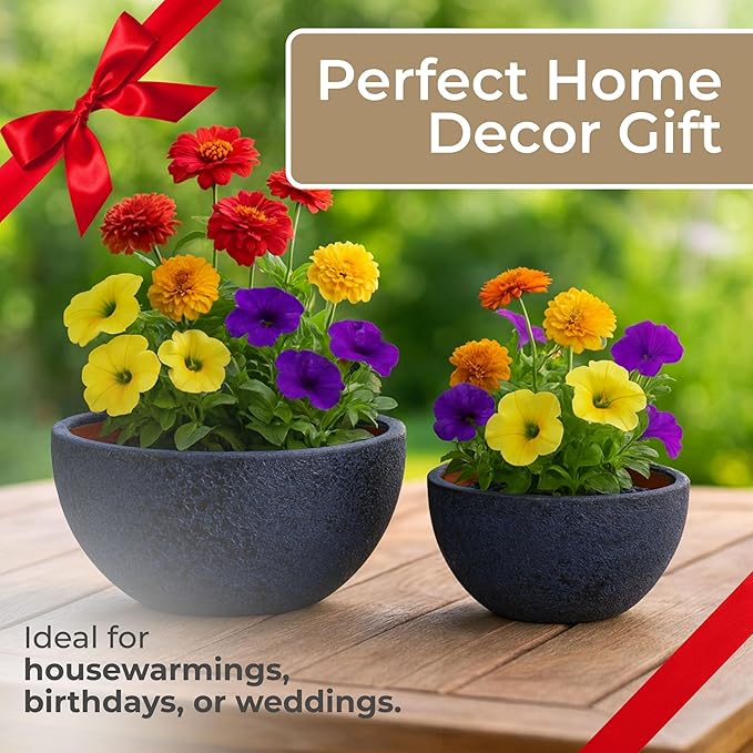 Set of 2 Ceramic & Clay Planter Pots with Stands – Textured Indoor Outdoor Plant Holders, Modern Rustic Decorative Pot Stands for Living Room, Entryway, Bedroom or Patio – 6" & 5", Deep Blue
