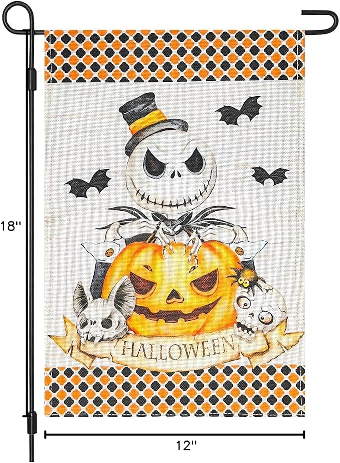 Halloween Jack Skellington Decorative Burlap Garden Flag, 12x18 Inch Double Sided Nightmare Before Christmas Pumpkin King Happy Halloween Small Vertical Flags,Outdoor Home Patio Porch Yard