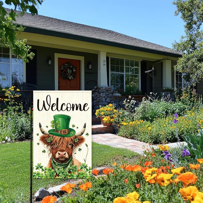 St Patricks Day Welcome Garden Flag 12x18 Inch Double Sided,Shamrocks Cow with Green Hat Outdoor Irish Decor House Porch Flag for St Patrick's Day Party and Yard Decorations