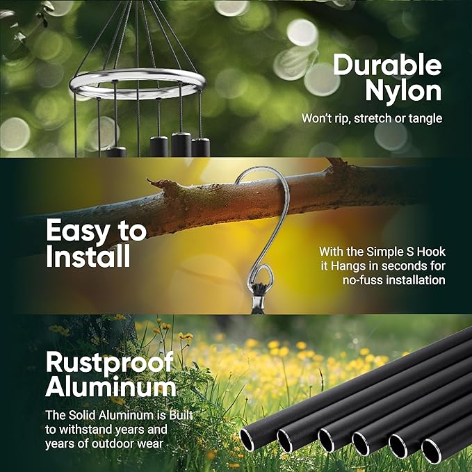Nature’s Melody Aureole Tunes Wind Chimes – Outdoor Windchime with 6 Tubes Tuned to B Pentatonic Scale, 100% Rustproof Aluminum, Powder Finish & S Hook Hanger for Sympathy, Memorial Gift or Zen Garden