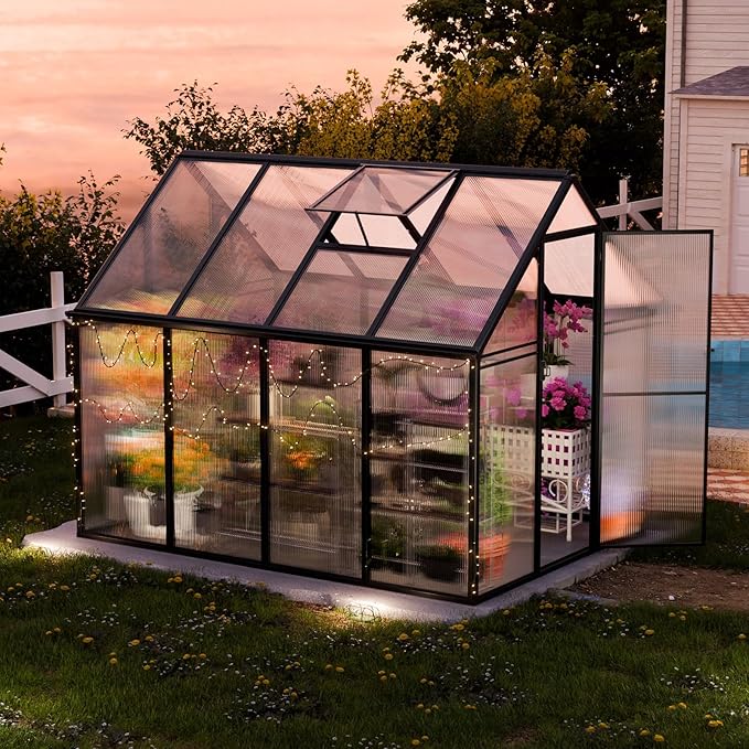 CDCASA Polycarbonate Greenhouse, 8.2x6.2 FT Easy Assembly Aluminum Heavy Duty Greenhouses for Outdoors w/ Window, Swing Door, Walk-in Green House for Sunroom,Outside, Backyard, Garden, Black
