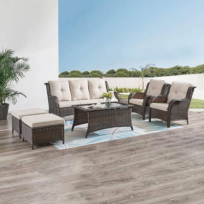 HUMMUH Outdoor Furniture 6 Pieces Patio Furniture Set Wicker Outdoor Sectional Sofa with 2 Patio Chairs,Ottomans,Coffee Table…