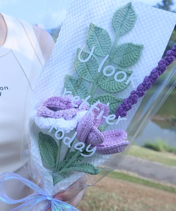 YOOJEE Crochet Purple Ombre Rose Tulip Bouquet Christmas Day Gift - Pet-Safe Handmade Knitted Florals for Women Coworkers Teachers with Greeting Card