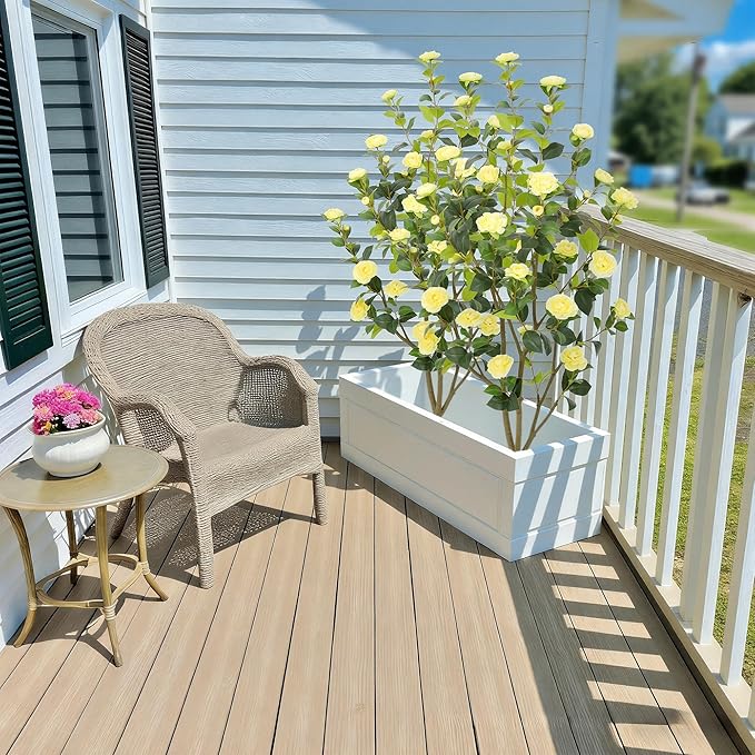 Nafresh 5FT Lush Artificial Yellow Camellia Tree Outdoor 2 Pack, 60inch Faux Camellia Plant, Fake Camellia Flowers Tree for Indoor Outdoor Living Room Home Patio Front Door Garden Decor