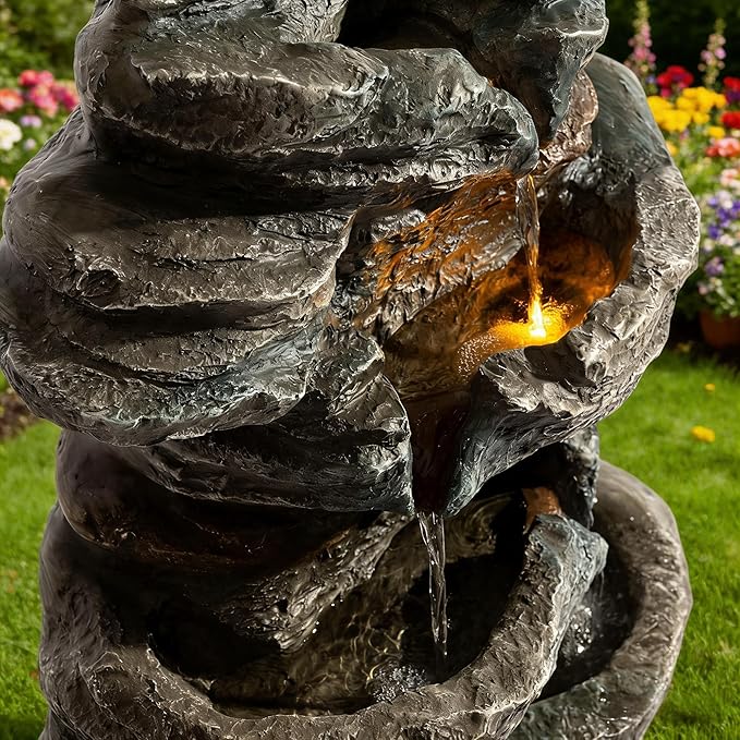 6-Tier Outdoor Cascading Stone Water Fountain, 35" H Freestanding LED Rock Waterfall with Natural Stone Appearance and Lights, Resin Water Feature for Garden Patio Yard Deck