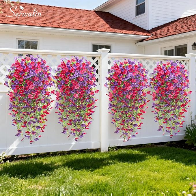 Serwalin 6PCS Artificial Fall Flowers for Outdoors Decoration, Realistic Silk Artificial Fall Hanging Flowers for Patio, Garden, Porch, Window, Outside (Purple& Hot Pink,6PCS)