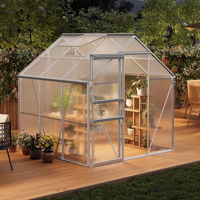CABIHOME 6 x 6 FT Greenhouses for Outside, Polycarbonate Greenhouse with Aluminum Frame, Sliding Door, Adjustable Roof Vent, Backyard Green Houses, Patio Garden, Silver