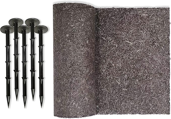 Black Rubber Mulch Border for Landscaping, 8' L x 2' W Roll, Natural-Looking Permanent Garden Barrier for Plants, Vegetables, and Flowers, Recycled and Sustainable, 16 Plastic Anchors Included