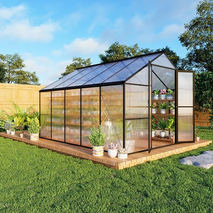 8X10 FT Walk in Greenhouse, Quick Setup Polycarbonate Greenhouses for Outdoor with Roof Vent and Rain Gutter, Swing Lockable Door Large Aluminum Green Houses for Outside, Black