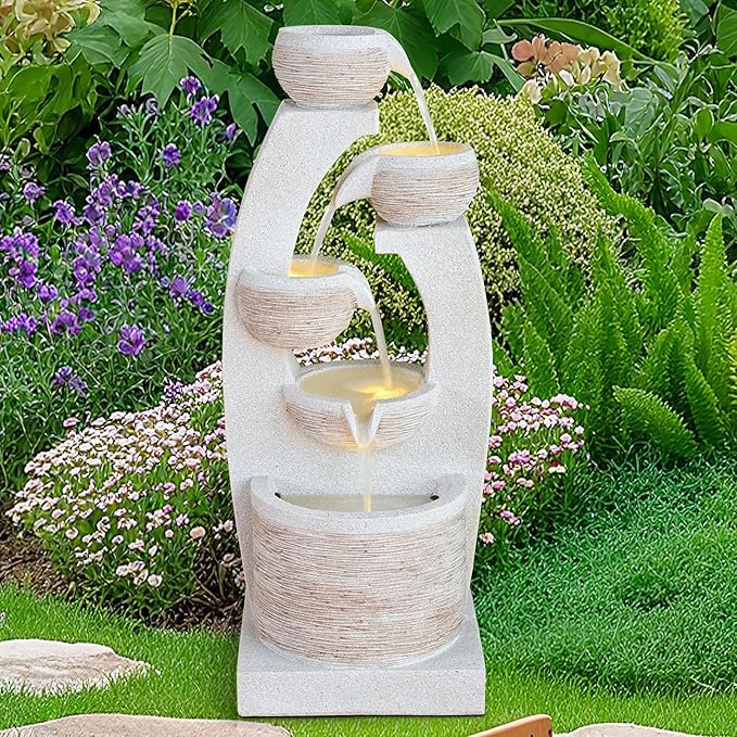 Qingyinge 33'' H Modern Outdoor Fountain Resin Outdoor Garden Fountains with Contemporary Design LED Light for Garden, Patio, Deck, Porch, Backyard and Home Art Decor