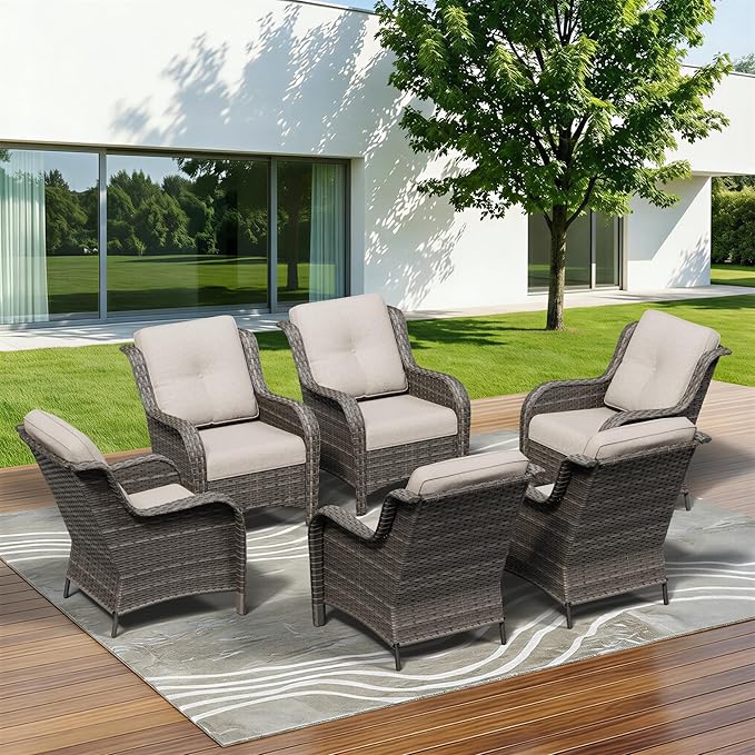 6 Piece Outdoor Wicker Patio Furniture Set, Patio Chairs Set with Thickened Olefin Cushions, High Back and Deep Seating, Hand-Woven PE Rattan for Porch, Deck