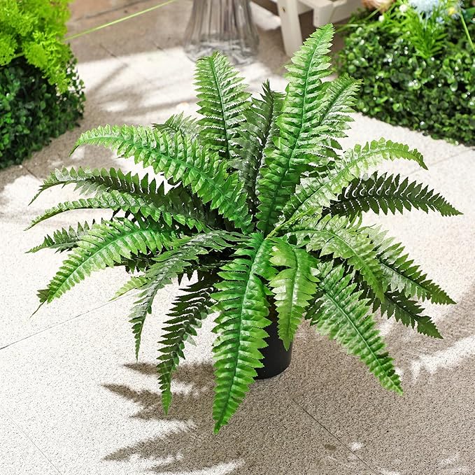 FineCheer Fake Ferns Potted Plant Faux Boston Bush in Pot Artificial Greenery Fern Plant for Spring Summer Patio Garden Farmhouse Windowsill Entrance Porch Office Living Room Decor (24 Leaves)