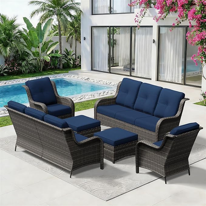 6 Piece Outdoor Wicker Patio Furniture Set, Patio Chairs Set with Thickened Olefin Cushions, High Back and Deep Seating, Hand-Woven PE Rattan, Ottoman for Porch, Deck