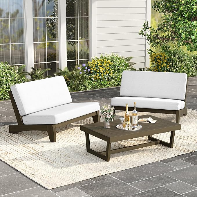 3 Piece Outdoor Wood Patio Loveseat Bistro Set, Wooden Conversation Patio Table and Chairs Furniture Set with Coffee Table for Porch Balcony Deck Backyard