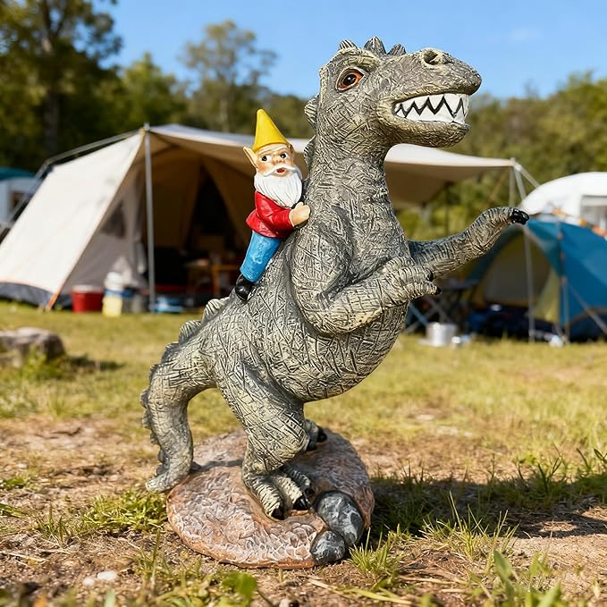 Slo y en i a Funny Garden Gnome Riding Dinosaur Statue - Resin Outdoor Decor for Yard,Patio,Lawn - Whimsical Dinosaur Sculpture Gift for Garden Lovers