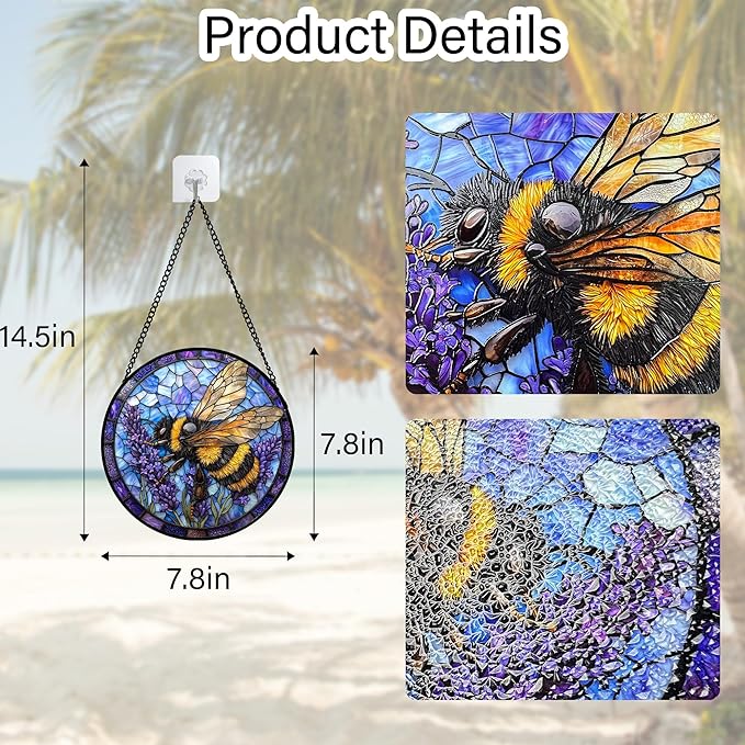 DASTOLL Stained Glass Window Hanging, Bee Lavender Sun Catchers Diamond Glass Panel Hangings Insect Suncatcher Decor for Birthday for Women, Men, Wife, Aunt, and Mom7.8 in