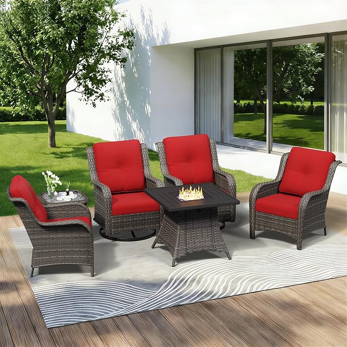6 Pieces Outdoor Wicker Patio Furniture Set with Fire Pit Table, Patio Chair Set with Thickened Olefin Cushions, High Back and Deep Seating, Hand-Woven PE Rattan for Porch, Deck