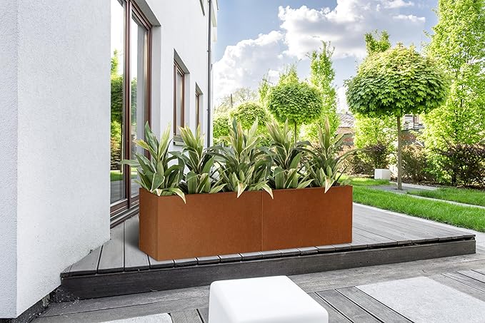 GZLVSOW Corten Steel Corner Metal Planter Box L36 x W12 x D16 Rusted Garden Steel Planter Pot for Patio Modern Farmhouse Rustic Design (L36 x W12 x D16, Rusted)