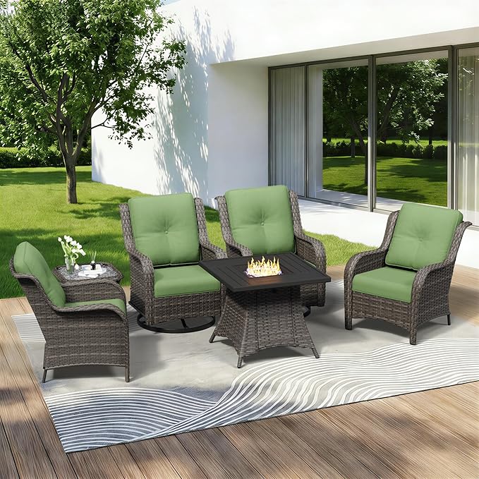 6 Pieces Outdoor Wicker Patio Furniture Set with Fire Pit Table, Patio Chair Set with Thickened Olefin Cushions, High Back and Deep Seating, Hand-Woven PE Rattan for Porch, Deck