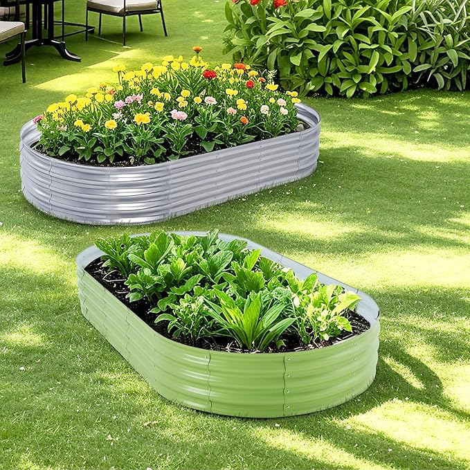 Galvanized Raised Garden Bed Kit, Planter Garden Boxes Outdoor, Oval Large Metal for Vegetables Fruits, Flowers Planter Boxes, Easy Assembly Garden Bed Kit 4x2x1 FT (2-Pack)
