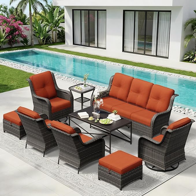 9 Piece Outdoor Wicker Patio Furniture Set, Patio Chairs Set with Thickened Olefin Cushions, High Back and Deep Seating, Hand-Woven PE Rattan, Ottoman for Porch, Deck