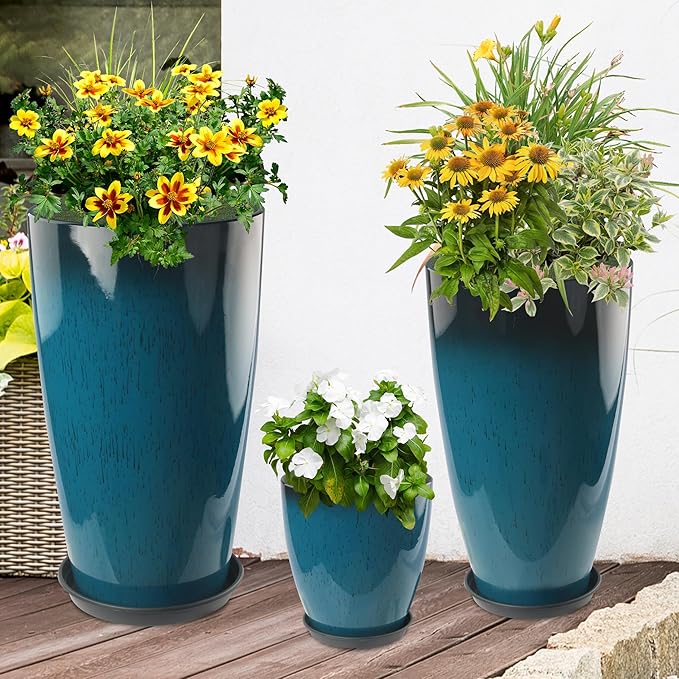 Goldshire 24-21-11 Inch Tall Planters Set of 3, Indoor Outdoor Blue Glossy Round Planter with Drainage Hole and Saucer, Large Decorative Plant Pots for Home Garden Porch