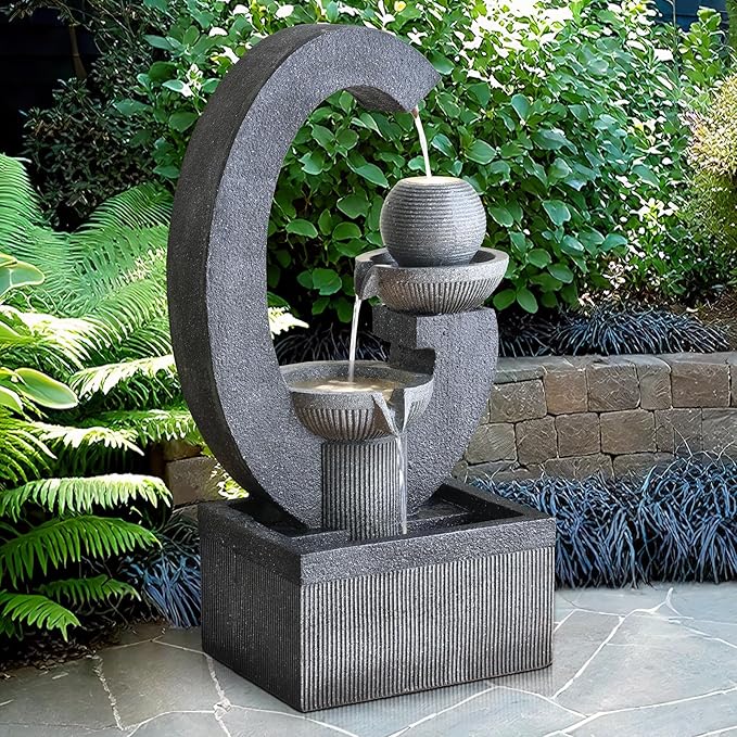 Qingyinge 31'' H Modern Outdoor Fountain Resin Outdoor Garden Fountains with Contemporary Design LED Light for Garden, Patio, Deck, Porch, Backyard and Home Art Decor