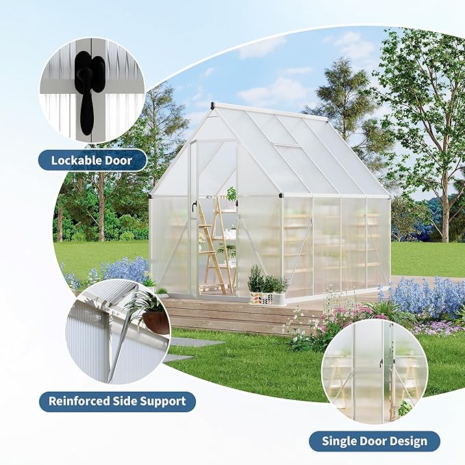 GAOMON 6x11 FT Outdoor Greenhouse with Roof Vent, Heavy Duty Aluminum Polycarbonate Greenhouses, Easy Assembly, Lockable Door, Large Walk-in Greenhouse for Patio, Backyard, Garden