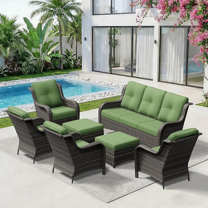 7 Piece Outdoor Wicker Patio Furniture Set, Patio Chairs Set with Thickened Olefin Cushions, High Back and Deep Seating, Hand-Woven PE Rattan, Ottoman for Porch, Deck