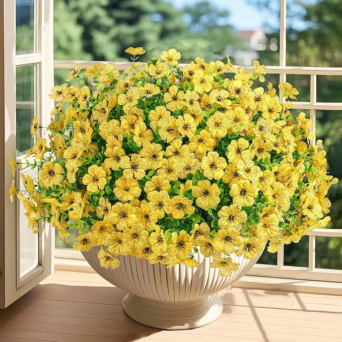 Besteek 20 Bundles Artificial Flowers for Outdoors Decoration Fake Silk Flowers UV Resistant Faux Plants Artificial Daisy Eucalyptus for Spring Summer Garden Yard Porch Window Home Decor, Yellow