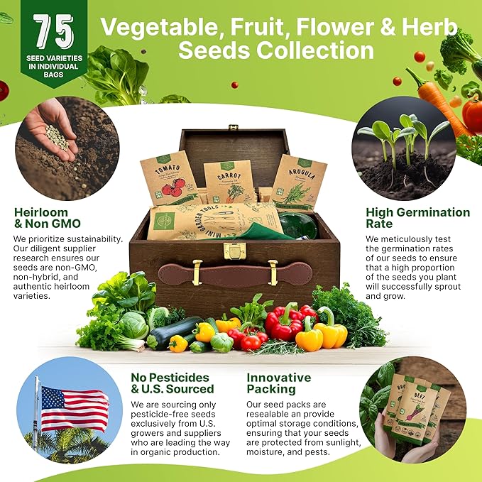 75 Medicinal & Tea Herb Seeds Variety Pack, Garden Seed Starter Kit - Over 47,380 Non-GMO Heirloom Seeds for Planting Herbs and Vegetables, Seed Box with Gardening Supplies