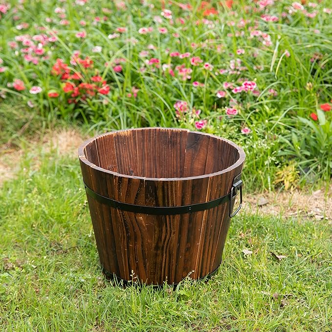 Rustic Wooden Whiskey Barrel Planter with Durable Medal Handles and Drainage Hole - Perfect for Indoor and Outdoor Plants, Herbs, and Vegetables - Small