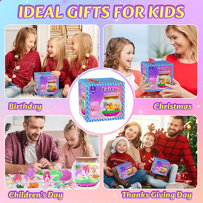Hannstar Fairy Garden Light Up Terrarium Kit for Kids - LED Night Light Birthday Gift for Girls Ages 4 5 6 7 8 10 12 Years Old - Creative Toys for Girls - DIY Arts and Crafts Kit for Kids