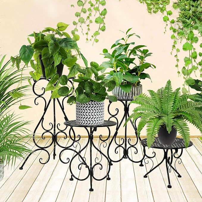 NAKUPE 4-Pack Metal Plant Stand for Indoor Outdoor, Heavy Duty Flower Pot Stands for Multiple Plants, Rustproof Iron Planter Holder Display Shelf for Patio Home Garden Porch Balcony(Black)