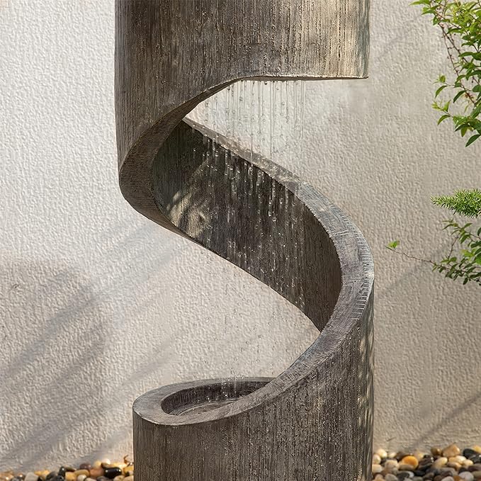 Glitzhome Tiered Outdoor Water Fountain with LED Light, Modern Spiral Outdoor Fountain with Stone Planter, Freestanding Curved Waterfall Fountains for Garden Patio Deck Porch, 40”H