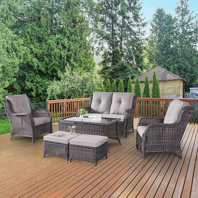 Belord 6 Pieces Patio Furniture Set Outdoor Wicker Furniture, 2 Patio Wicker Chairs with 1 Loveseat Sofa, Coffee Table and Ottomans, Patio Conversation Set for Porch Garden Deck Balcony Poolside