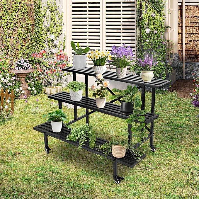 3-Tier Metal Plant Stand, 45.56”L x 26”W x 23.6”H - Heavy-Duty Rolling Tiered Plant Display Rack for Indoor, Outdoor & Patio Use