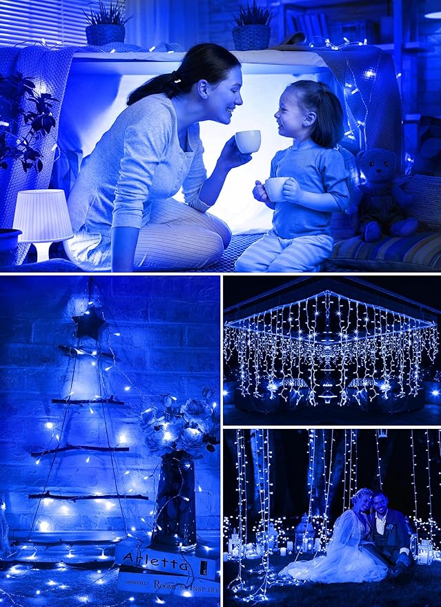 Minetom Christmas String Lights Battery Operated, 2 Pack Total 33FT 100 LED Battery Powered Fairy Lights with Timer,8 Modes, Waterproof Twinkle String Lights for Outside Indoor Bedroom Tree, Blue