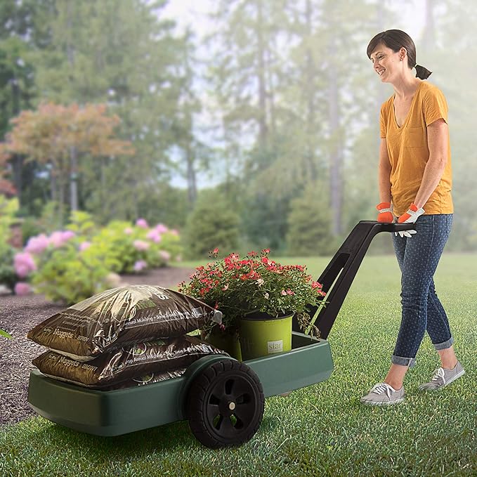 Simplay3 Yard and Garden Outdoor Cart - Long Handle Easy Turn 2 Wheel Heavy Duty Plastic Pull Cart for The Backyard 42 in. x 20 in. x 4 in. Bed, Green