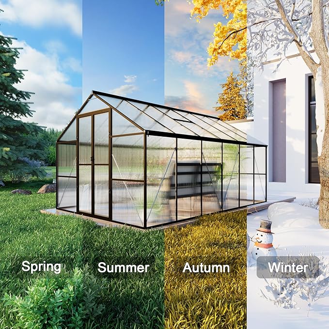 8X12 FT Polycarbonate Greenhouse, 6 FT Height Aluminum Large Green Houses for Outside Heavy Duty, Quick Setup Walk in Greenhouses with 2 Roof Vent and Rain Gutter for Outdoor, Black (143"Wx96"Dx77"H)