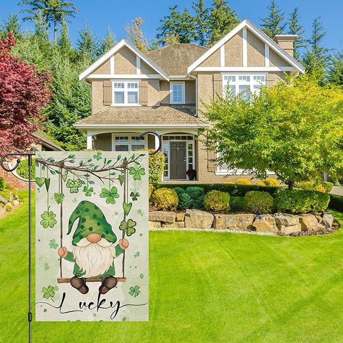 Heyfibro Lucky St. Patrick's Day Garden Flag 12x18 Double Sided Burlap, Gnome with Shamrocks Hanging Swing Yard Banner for Spring Seasonal Irish Holiday Farmhouse Outdoor Decor(ONLY FLAG)